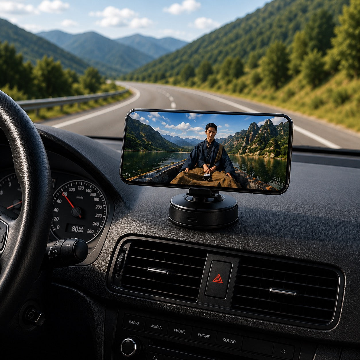 Autogrip Pro op dashboard tijdens roadtrip door de bergen