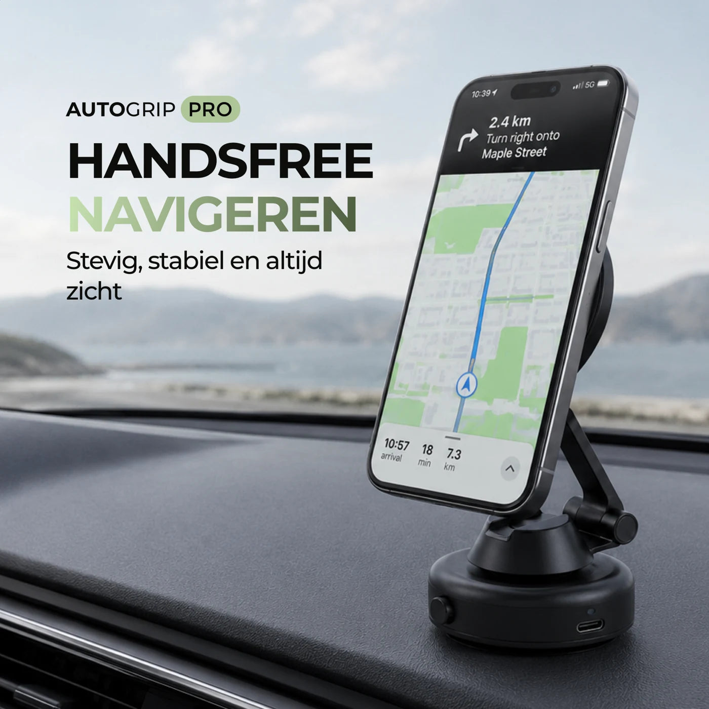 Autogrip Pro telefoonhouder op autodashboard met handsfree navigatie